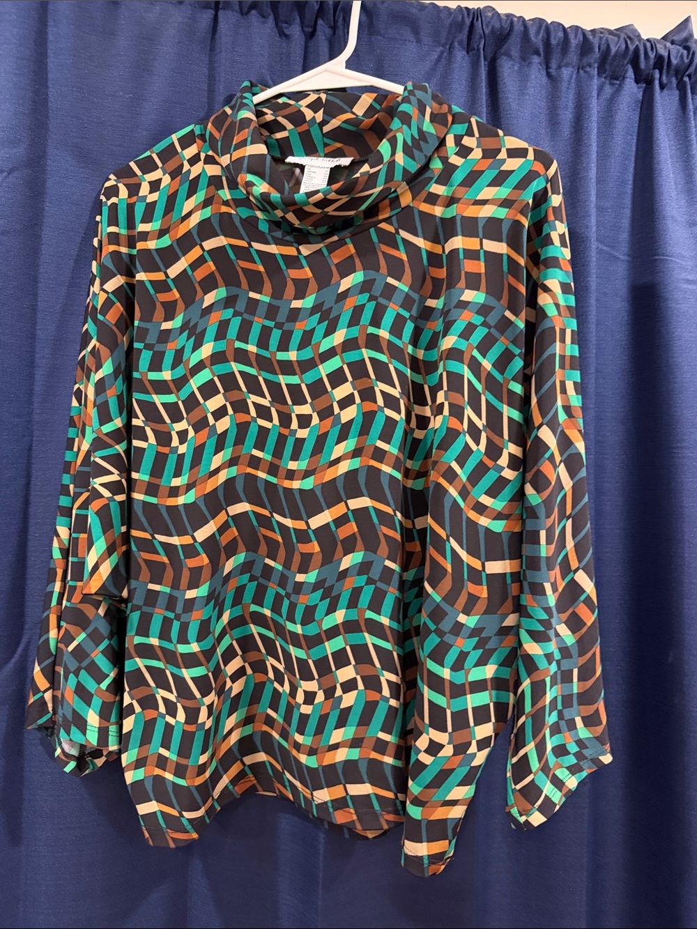 Joseph Ribkoff Long-Sleeve Turtleneck Top in Teal, Brown and Black